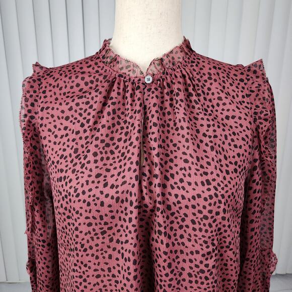 Loft Animal Print Ruffle Sleeve Blouse Front Keyhole Rose Black Size Small New - Picture 4 of 11